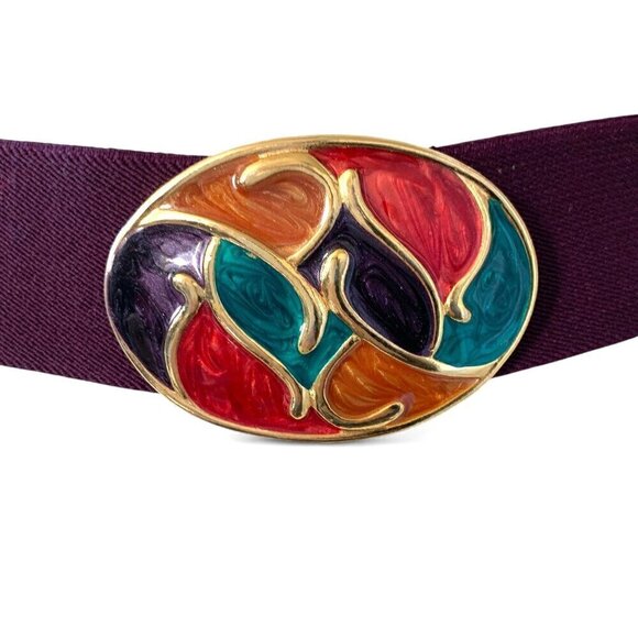 Nan Lewis 1980's Cloisonné Buckle Stretch Elastic Belt Purple, Gold, Green 34"L - Picture 2 of 8